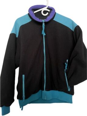 Vintage Black Fleece Jacket with Teal Accents and Purple Collar